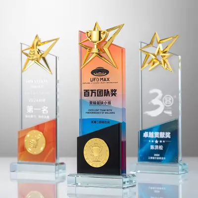 Customized Logo Crystal Full Color Printing Laser Engraving Metal Star Crystal Trophy Award for Champion Souvenir