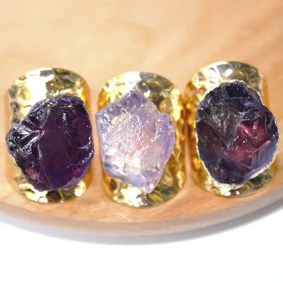 Hot Selling Natural Amethyst Gemstone Rings Gold Plated Crystal Adjustable Rings