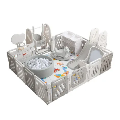 Safety Baby Play Yard Indoor Foldable Kids Playpen With Ball Slide Swing Basketball Hoop