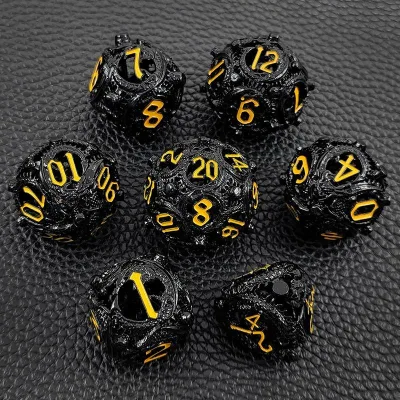 Carved DND Metal Hollow Dice 7 Pcs Antique Copper Dungeons and Dragons Dice Set Polyhedral D&D Dice Sets D and D Playing Games
