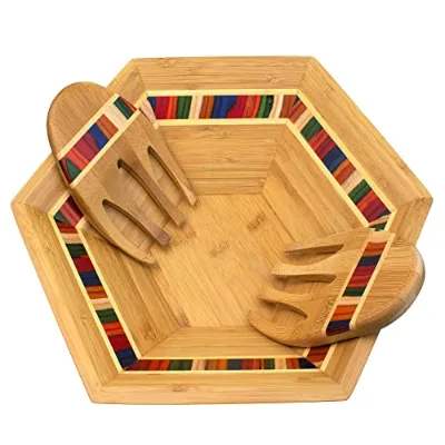 Wooden Salad Bowl Large Serving Bowl Set with Jute Placemats and Serving Utensils with Salad Hands Bamboo and Colored Birch Wood