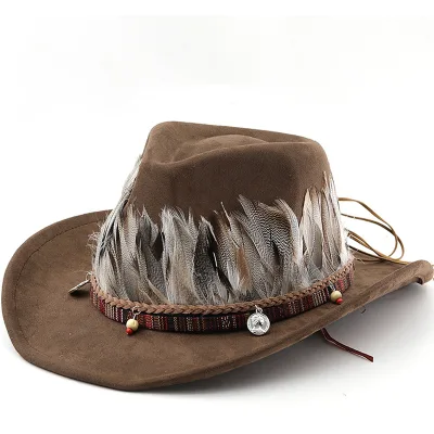 Hot Selling Cowboy Hat Suede Men Feather Decoration Western Wide-brimmed Hot Selling Cowboy Hat