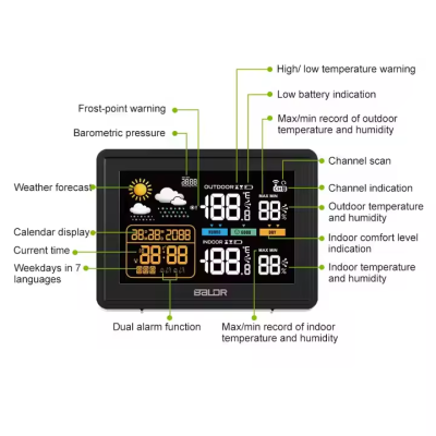 Newest OW-03591 Weather Station Home Use Digital Colorful Thermometer Weather Forecast Station for Outdoor Temperature Humidity