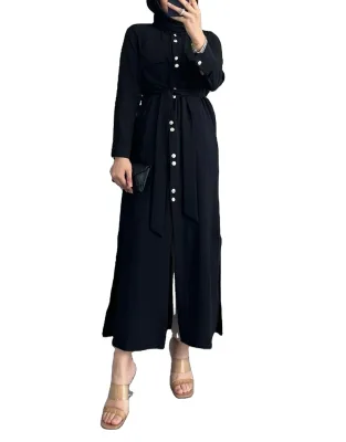 Casual Elegant Muslim Cardigan Dress Long Sleeved Solid Color Lapel Button Style Anti-Static Polyester Islamic Turkish Arab