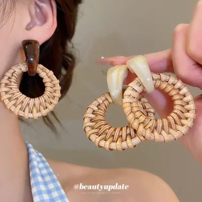Exaggerated Geometric Circular Rattan Bamboo Earrings Summer Bohemian Wooden Splicing Bamboo Rattan Grass Woven Earrings