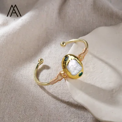 Natural Freshwater Zircon with White Pearl Brass Cuff Bangle K-gold Plated High Quality Hand Wire Jewelry