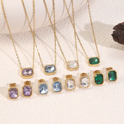 Fashion Women's Versatile Multicolored Marquise-shaped Zirconia Necklace and Earrings Stainless Steel Set Factory Wholesale
