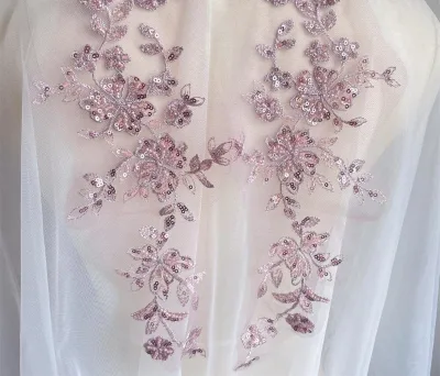 32*14CM Colors Sequin Tube Bead Embroidery French Tulle Lace Applique Handmade Elegant Hanfu DIY Lace Patch Mirrored Flowers