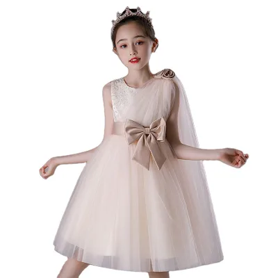 Elegant Champagne Tulle Princess Dress for Girls with Lace Details Waist Bow & Tiara Perfect Party Gown for Special Occasions