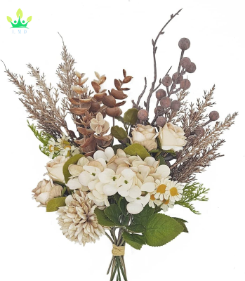Artificial Flowers Bouquet Coffee Silk Flower Arrangements Plastic Roses Hydrangea Daisies Hollyberries Floral Centerpieces