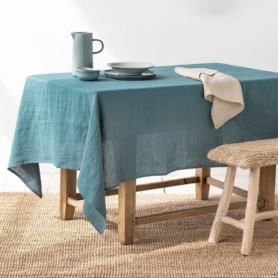Stone Washed Blue Linen Tablecloth 100% Linen Plain Colors Table Cover Pure Linen Fabric