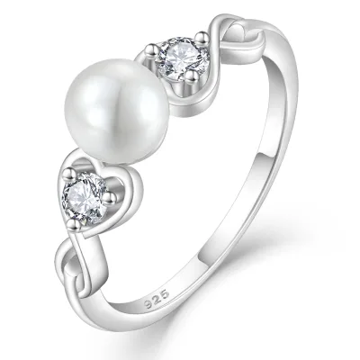 LULUFOCUS 925 Sterling Silver Pearl Cubic Zirconia Ring Heart Shaped Accents Elegant Engagement Ring Jewelry For Women