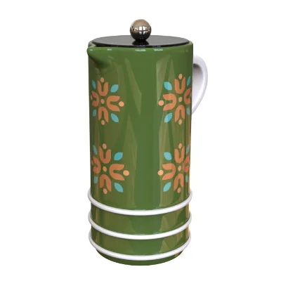 Custom Vintage Style French Press Coffee Maker Wholesale Eco-Friendly Ceramic French Press for Cafes Hotels Folk Art Pattern