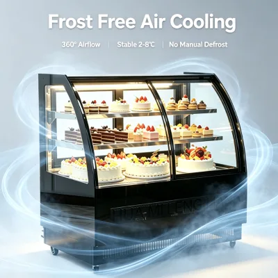 Mobile Wheel Design Bakery Dessert Showcase Back Front Door Curved Glass Air Cooling Cake Display Fridge