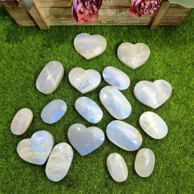 Wholesale Natural Energy Crystal Spiritual Product Hand Carved Blue Moon Stone Palm Stone Heart for Healing