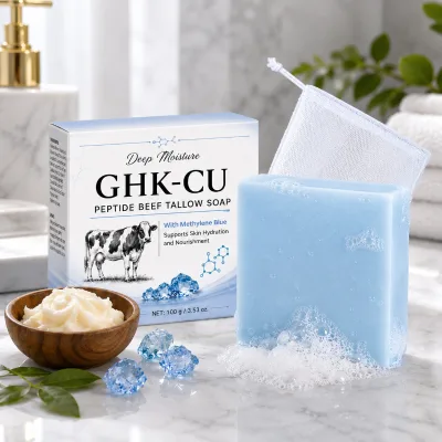 GHK-CU Beef Tallow Soap, Blue Copper Peptide Glycerin Moisturizing Cleansing Bar for Face Body Sensitive Dry Skin