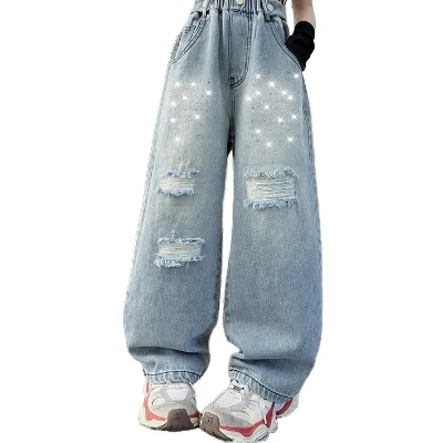 Girls Jeans Wholesale 2025 Spring Casual Style Flare Pants Blue Washed Distressed Jeans for Girls Sizes 5-15 Years Girls Jeans
