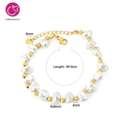 Irregular Baroque Faux Pearl Beaded Bracelet Gold Stainless Steel Adjustable Pearl Bracelet for Ladies