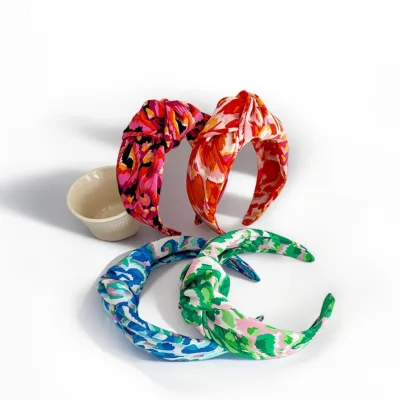 Fashionable Korean Headdress Hair Band Decoration Wide Edge Satin Cloth Fabric Headband with Printed Flower Knotted Design