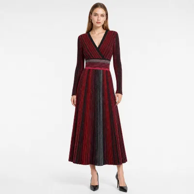 Custom Womens Ribbed Stripe Knit Dress Crossover V Neck Long Sleeve Pleated Midi Sweater Dress