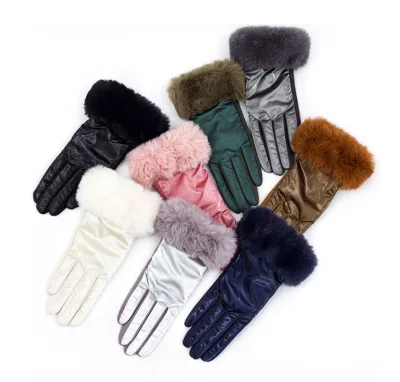 Fall Winter Faux Fur Trim on Cuff and Faux Suede Palm Quilted Nylon Glove