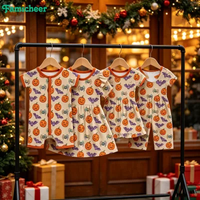Wholesale Soft Bamboo Fiber Toddler Kids Halloween Pumpkin Print Ruffle Short Sleeve Dress Family Matching Children Sleepwear
