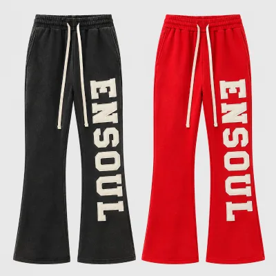 OEM Custom Streetwear Jogger Pants Casual Applique Embroidered Letter Patch Eco-Friendly Cotton Stacked Flare Sweatpants