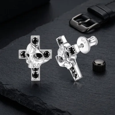 Exquisite 2026 New Design S925 Faith Jewelry Silver Hip Hop Hollow Skull Men Women Black Moissanite Inlaid Cross Stud Earrings