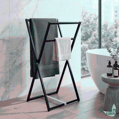 Black Bamboo X Shaped Folding Towel Rack 2 Tier Freestanding Bathroom Drying Stand Space Saving No Assembly Bath Towel Holder