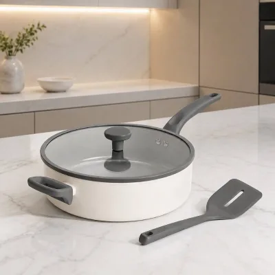 Factory Hot Sales Ceramic Nonstick Deep Skillet Aluminum Sauté Pan with Helper Handle and Matching Silicone Spatula Induction