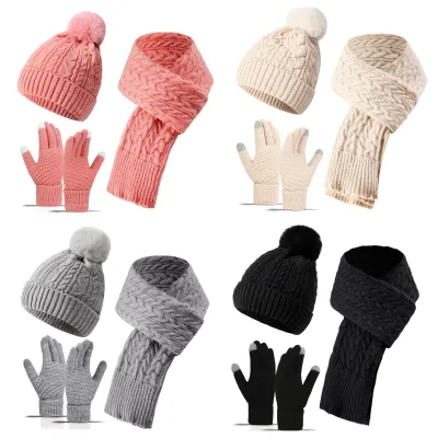 Women's Winter Fashion Three-Piece Wool Skull Cap Set Solid Color Knitted Includ Warm Luxury Gloves Scarf Winter Beanie Hat Set