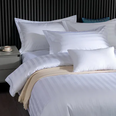 Premium 4-Piece Hospitality Bedding Set White Satin Stripe High Density Cotton Easy Care Hotel Quality Customizable Size