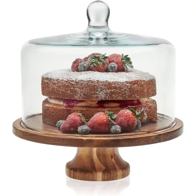 Acacia Wood Cake Stand with Lid Round Cake Container with Base Ball Handle Covered Cake Stand Glass Dome Cover