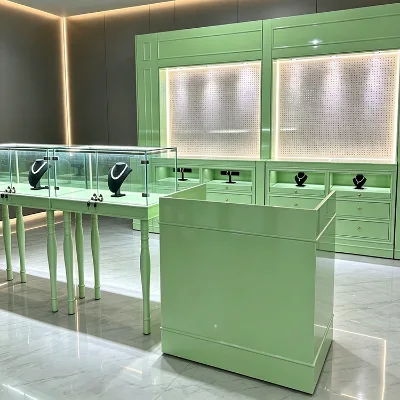 Fresh Green Jewelry Display Racks, LED Hole Backboard Glass Cabinet with Drawers for Jewelry Boutique Custom Retail Use