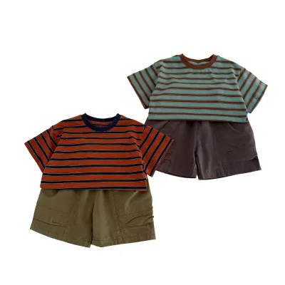 Japanese-style Cotton Utility Shorts Summer New Arrivals Children's Mid-length Casual Pocketed Striped Letters Boys Girls
