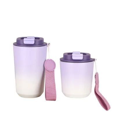 304 Stainless Steel Insulated Cup Gradient Color Coffee Mug with Straw and Rope Portable Dual Use Cup