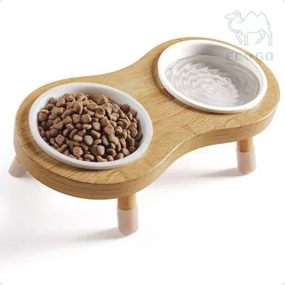 2 Ceramic Raised Dog Cat Food Bowl Anti-Slip Pad Pet Bowls Feeders with Bamboo Stand