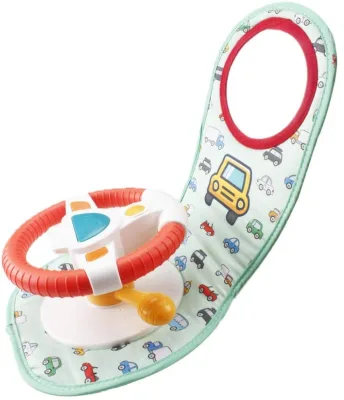 Car Seat Play Center Toy-Infant Car Seat Toys Steering Wheel for Car Seat Baby Travel Companion with Music Light Mirror