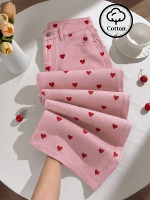 Women's Heart Print Casual Jeans Heart Pants Women Heart Pants Pattern Pants Cute Pants Women Casual Pants Heart Baggy Jeans