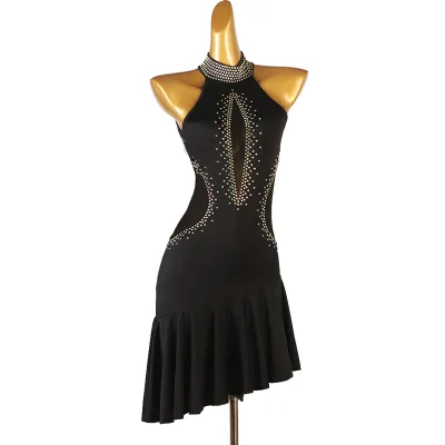 Popular Low MOQ Hot Sales Custom Made Black Irregular Latin Dance Dress Sexy Competition Ballroom