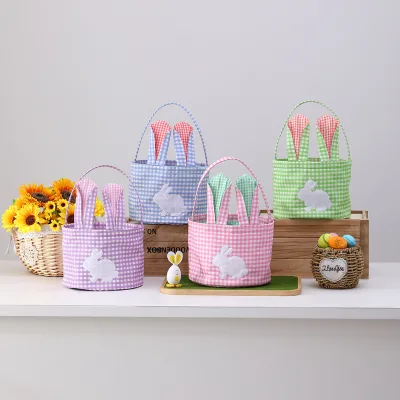 Hot Sell Polyester Plaid Bunny Basket Adjustable Strap Wholesale Custom Easter Gift Storage Bucket