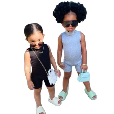 Wholesale Toddler Baby Girls Clothing Set Summer Solid Overalls Sleeveless Knit Onesies Pullover Jumpsuits Clothes Outfits