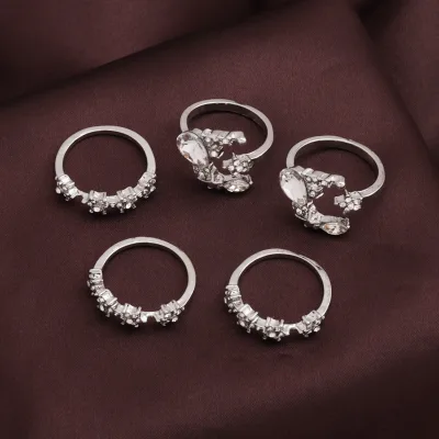 Crystal Rings Set Women's 925 Silver Rhodium Plated Bohemian Cocktail Ring Wedding Jewelry Star Pattern Pave Setting
