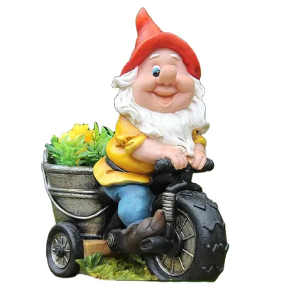 14.5\" Cute Garden Dwarf Statue Outdoor Ride Bike Gnome with Flower Planter Pots Design for Home Decoration and Floor Usage
