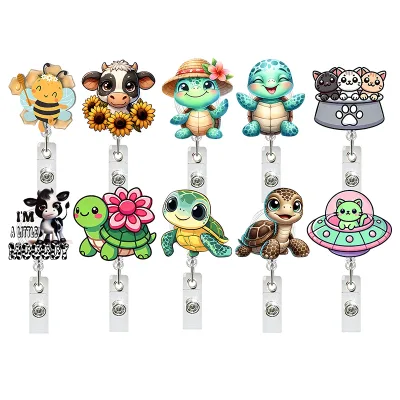 2025 Funny Animal Acrylic Nurse Badge Reels Retractable ID Name Card Holder with Turtle Cow Cat Bee Accessories