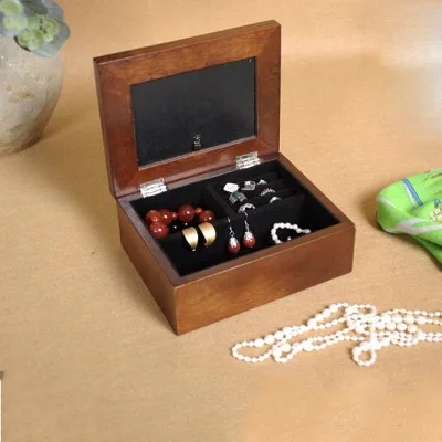 Custom Lacquered Retro Vintage Antique Classical Small Wood Jewelry Box Photo Frame Lid for Ring Earring Bracelet Storage