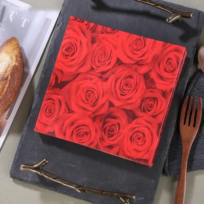 Romantic Wedding Party Disposable 2-Ply Printed Rose Pattern Bag Style Paper Napkins for Birthday Dinner