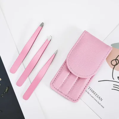 High Grade Custom Private Label Black Hot Sale Eyebrow Tweezer Kit 3 Piece With Leather Bag