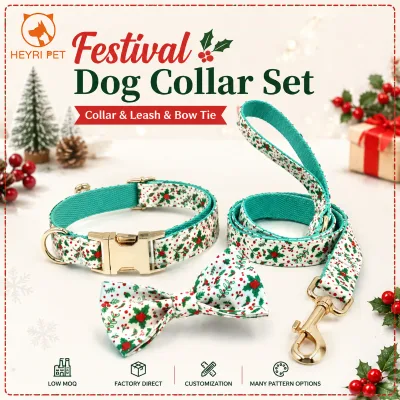 Skin Friendly Holly Print Dog Collar Adjustable Holiday Neck Collar for Puppy Dog Bow Tie Leash Set All Breed Winter Daily Wear