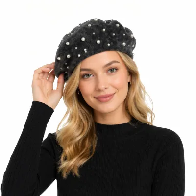 Wholesale High Quality Fleece Unisex All Seasons Fashion Beret with Pearls
